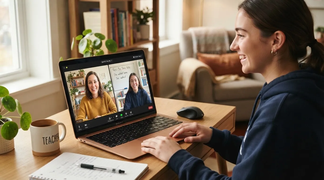 A learner smiling during an online English lesson with her teacher