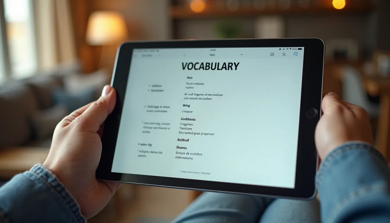 Close-up view of a digital tablet displaying an English vocabulary exercise