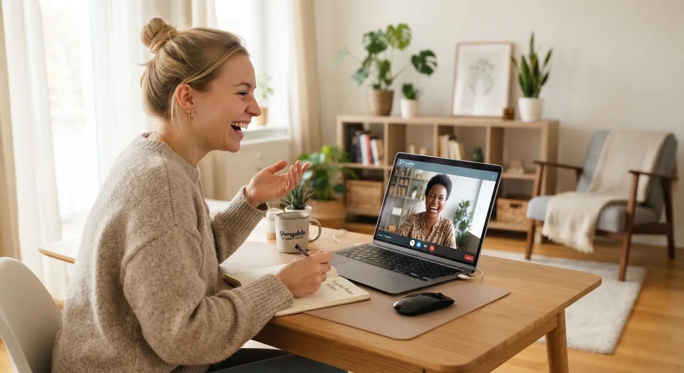 A smiling learner at her desk during a one-to-one English lesson on a video call with her teacher